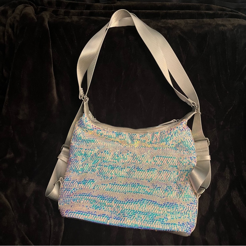 NWOT Sondra Robert’s sequined nylon convertible crossbody. Rose gold. Retail $90